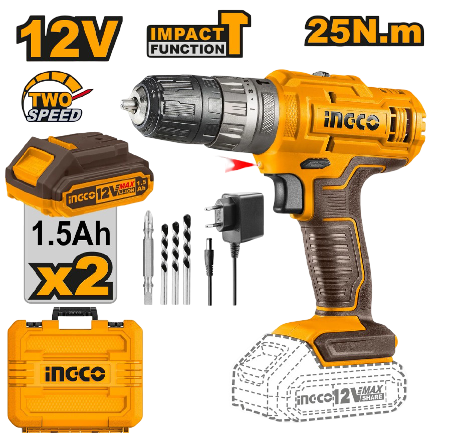 INGCO CIDLI1228 12V Cordless Impact Drill (With 2 Batteries) – Powerful & Durable - Alqamarshop