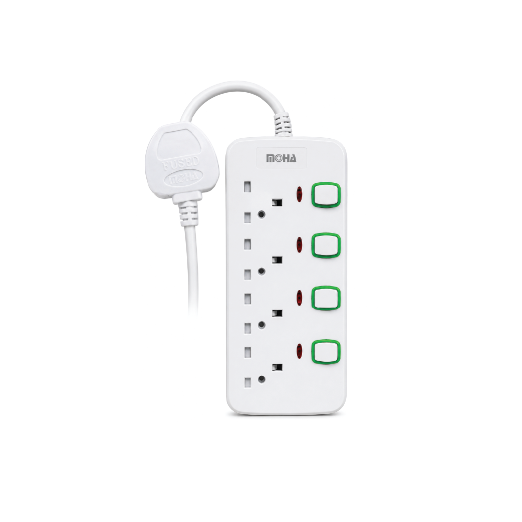 MOHA 4-Way Power Extension Socket 3M –250V 13A BS Fused Power Strip with Individual Switches