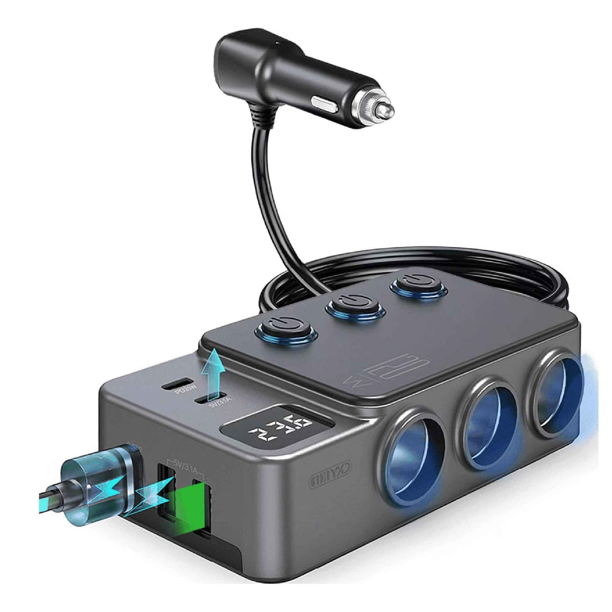Earldom ES-CS4 Car Charger – 3 Cigarette Lighter Sockets, Dual Type-C PD Outputs with Extension Cord (Black)(S.N)