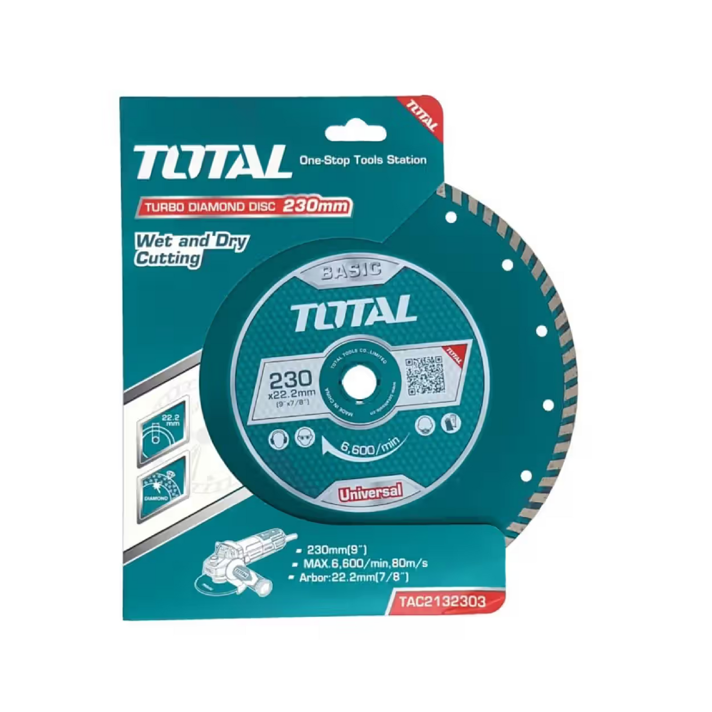 TOTAL TAC2132303 Turbo Diamond Cutting Disc – Wet & Dry, 230×22.2mm (9"×7/8")