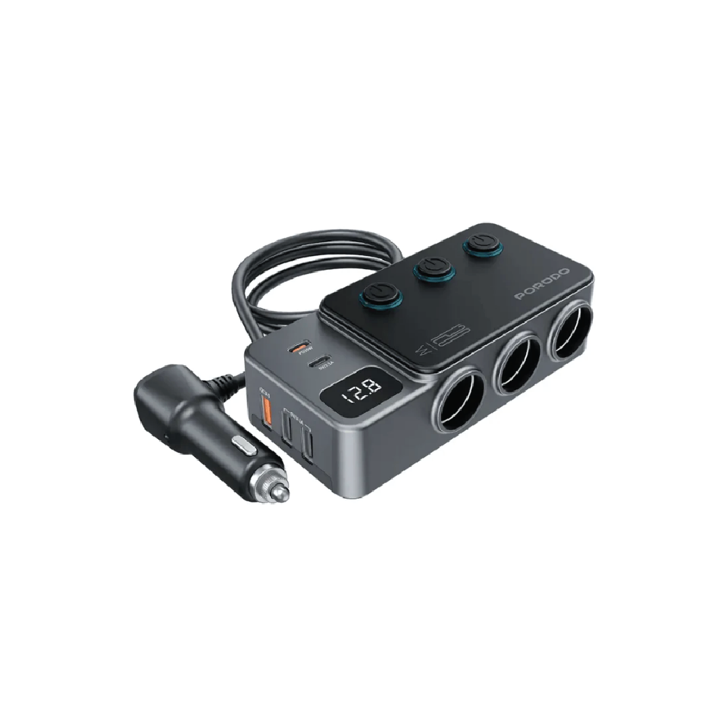 Porodo 120W Triple-Port Car Charger –Fast Charging Lighter Socket Adapter (Dark Gray)