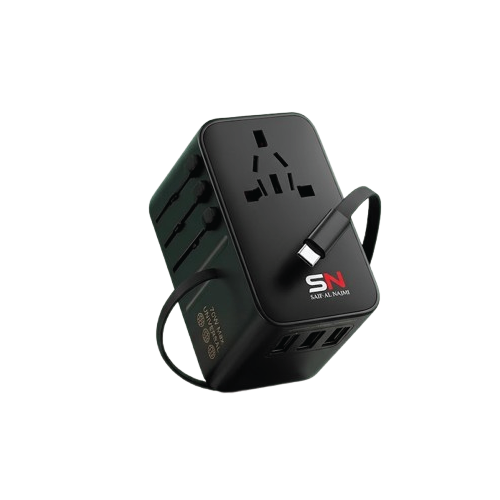 محول السفر العالمي SN-TC-01 بقدرة 70 واط، مزود بـ 4 منافذ USB بما في ذلك منفذ Type-C PD، لون أسود