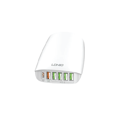 LDNIO A6573C 65W 6-Port Super Fast Desktop Charger with PD, QC3.0 & Auto-ID – White