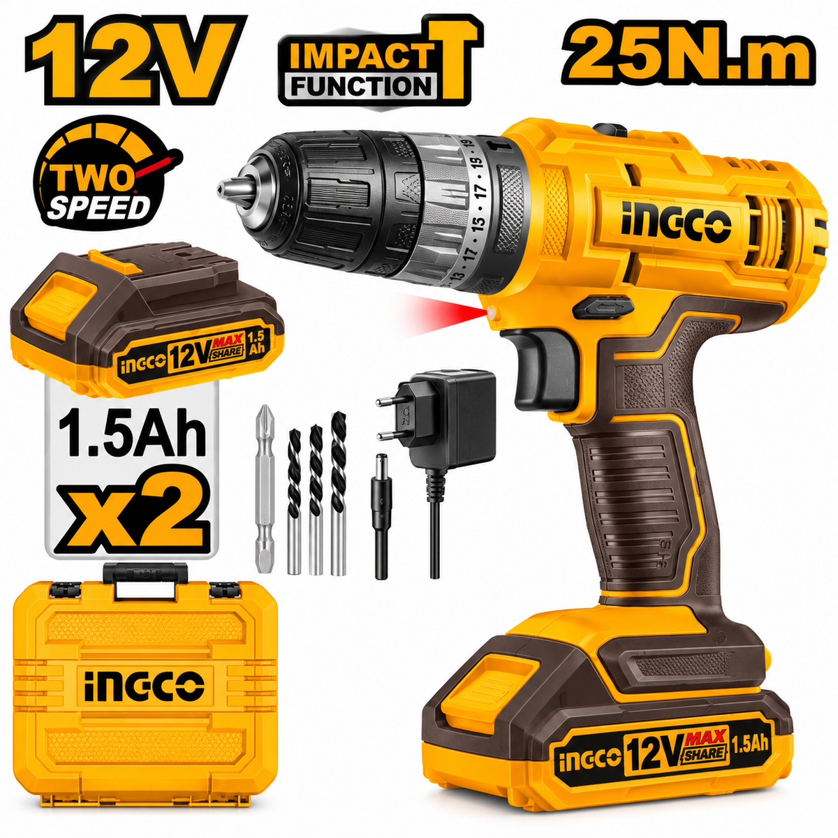 INGCO CIDLI1228 12V Cordless Impact Drill with 2 Batteries