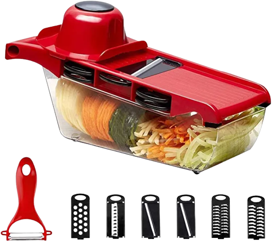 10 in 1 Mandoline Slicer Vegetable Cutter with Stainless Steel Blade Manual Potato Peeler Carrot Cheese Grater Dicer Kitchen Tool-Pink with box - Alqamarshop