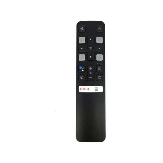 Black remote control with Netflix logo on a white background