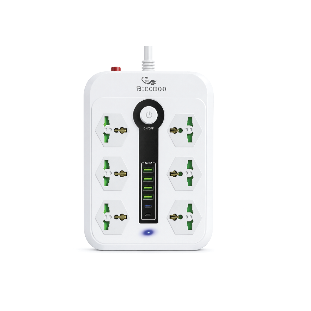 BICCHOO SKT01 3000W Power Extension Hub-6 Universal  Sockets with 4 USB & 2 Type-C Fast Charging Ports