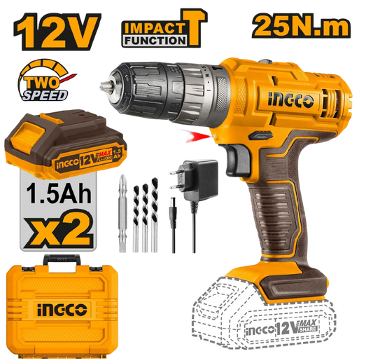 INGCO CIDLI1228 12V Cordless Impact Drill (With 2 Batteries) – Powerful & Durable - Alqamarshop