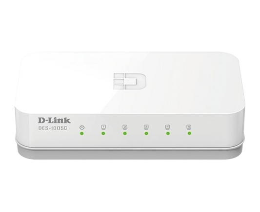 محول سطح مكتب غير مُدار من D-Link مزود بخمسة منافذ بسرعة 10/100 ميجابت في الثانية DES-1005C