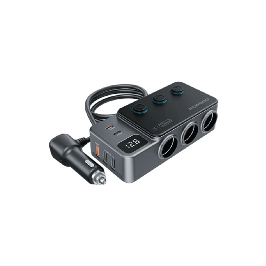 Porodo 120W Triple-Port Car Charger –Fast  Charging Lighter Socket Adapter (Dark Gray)