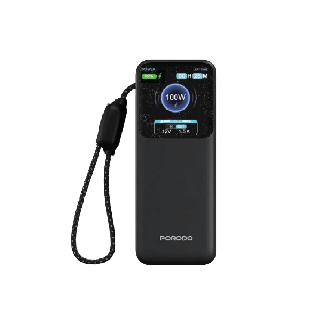 Porodo POLO 10000mAh Power Bank – 100W  USB-C Fast Charging with Built-in Type-C Cable