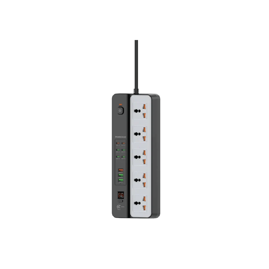 Porodo 3000W Power Strip – 5 Universal AC  Sockets with 9 USB Charging Ports (Black)