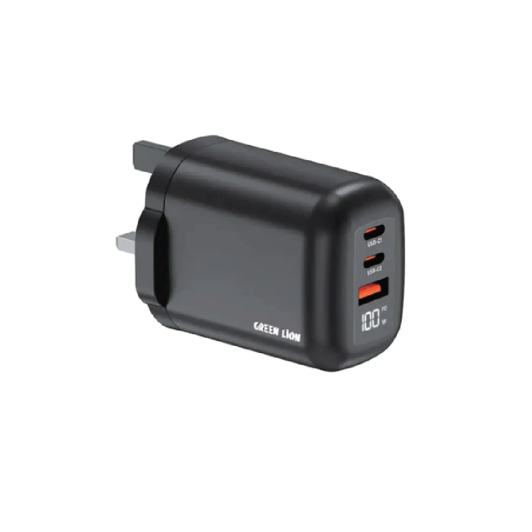 Green Lion Q Series 100W GaN Charger UK Plug -Dual USB  -C & USB-A Fast Charging Power Adapter with Digital Display