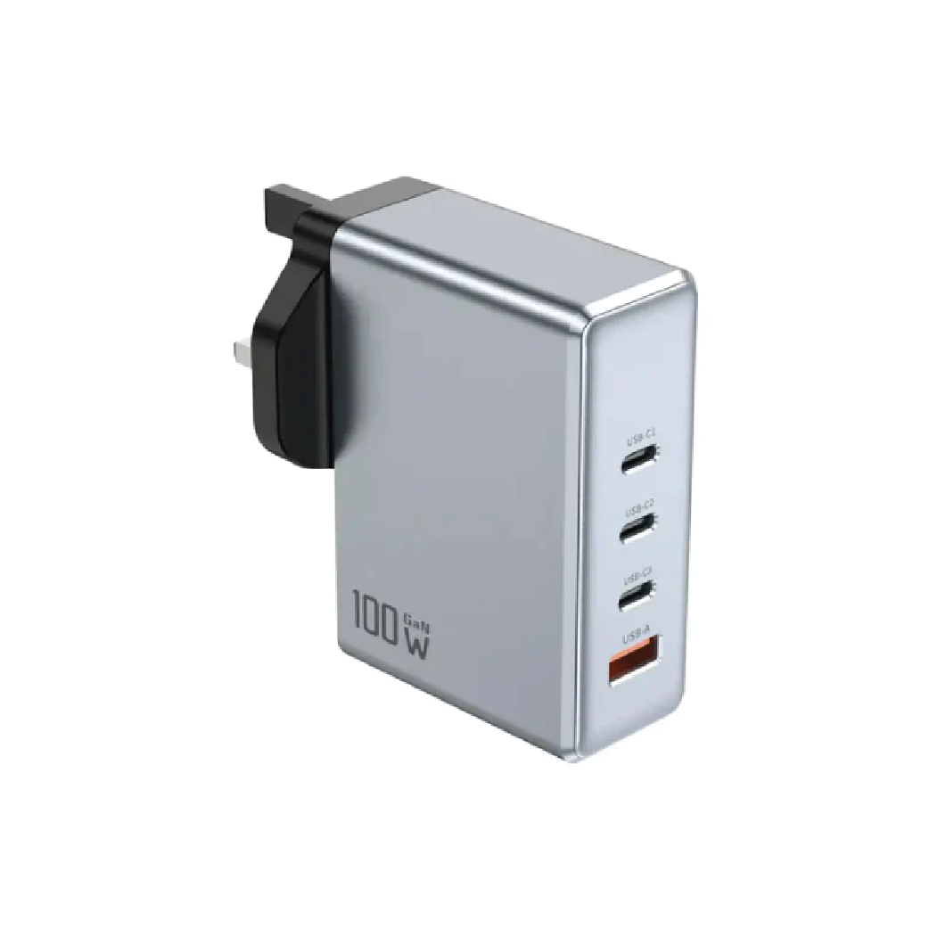 Green Lion Premium 100W GaN Wall Charger UK Plug- 3× USB-C & USB-A PD Fast Charging Adapter (Gray)