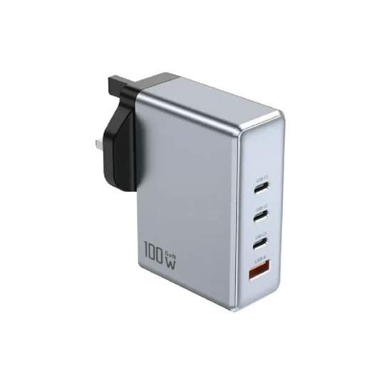 Green Lion Premium 100W GaN Wall Charger UK Plug- 3× USB-C & USB-A PD Fast Charging Adapter (Gray)
