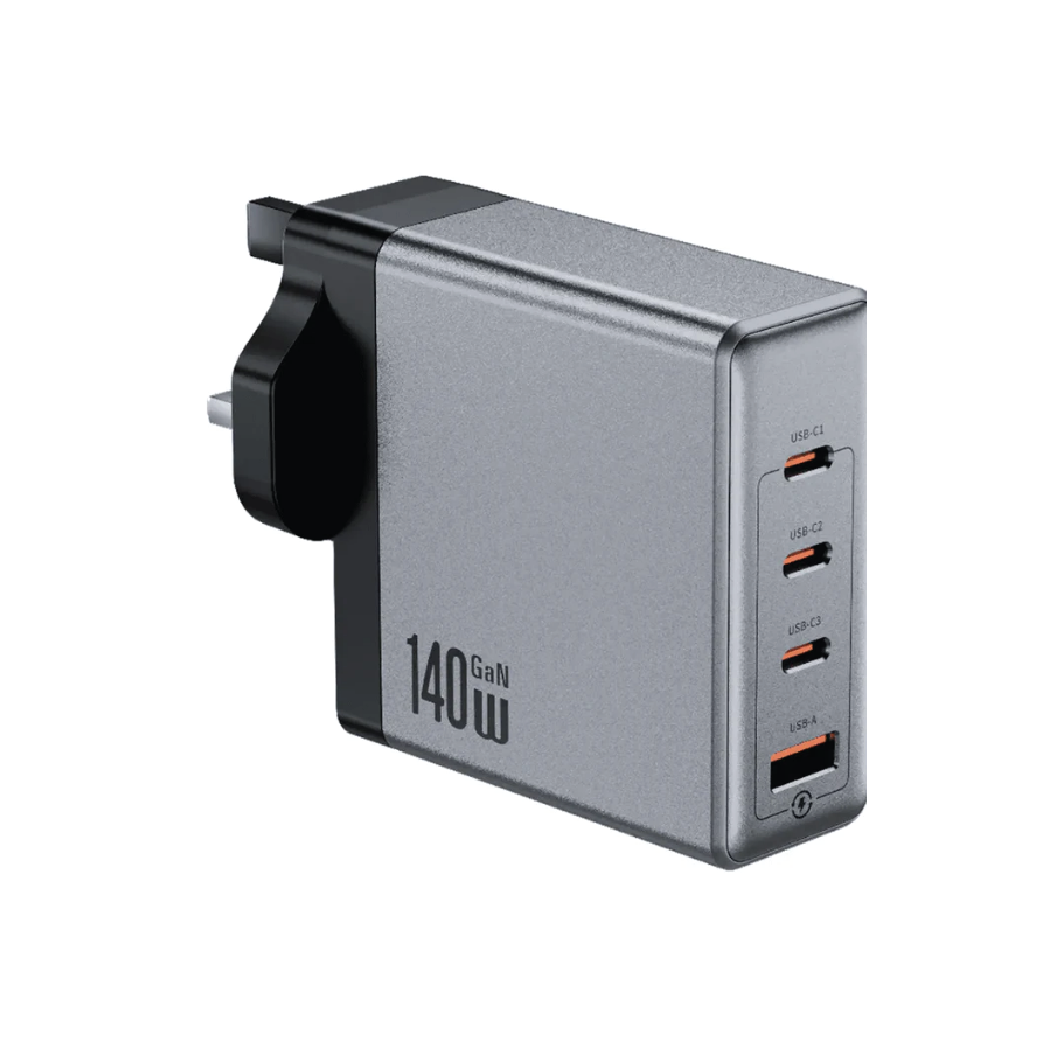Green Lion Premium 140W GaN Wall Charger UK Plug –  3× USB-C & USB-A PD Fast Charging Adapter (Gray)