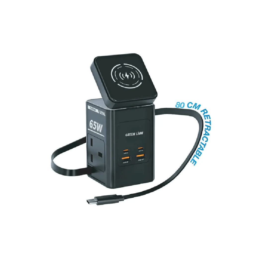 Green Lion 8-in-1 65W GaN Travel Adapter -Multi-Port  Fast Charger with Wireless Charging & Universal AC Sockets