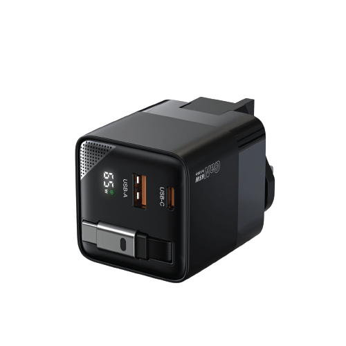 Ollz PowerCube 65W Fast Charging Wall Charger –  Multi-Port USB-C & USB-A Charger with Retractable Cable