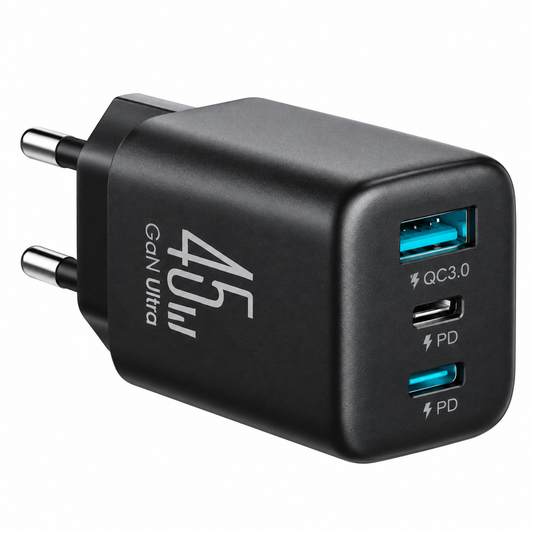 شاحن جويروم JR-T01 سريع بتقنية GaN وقدرة 45 واط، 3 منافذ (منفذان USB-C ومنفذ USB-A)