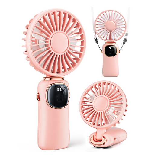 Portable LED Digital Display Fan 2W Max -Rechargeable 5 speed Foldable Handheld & Desktop Fan with USB-C Charging