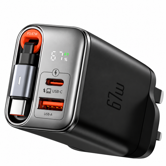 شاحن سفر GaN بقدرة 67 واط من Mcdodo موديل CH-409، قابس بريطاني + كابل USB-C قابل للسحب
