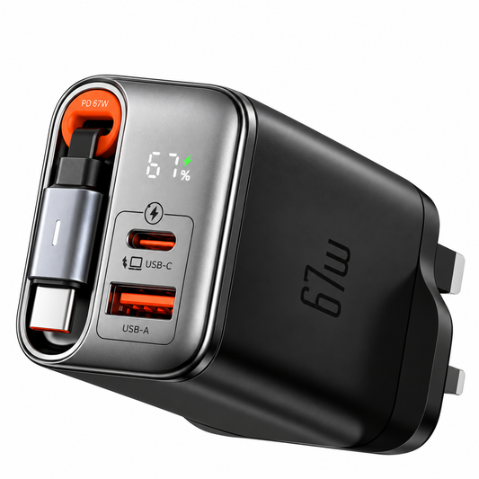 شاحن Mcdodo CH-409 FreeGo بقدرة 67 واط بتقنية GaN وقابس بريطاني مع كابل USB-C مدمج قابل للسحب