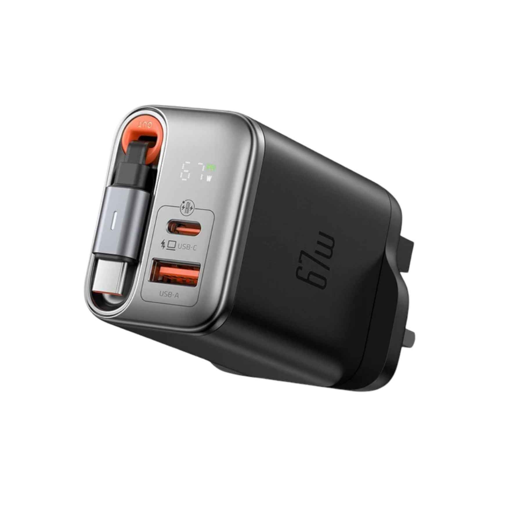 Mcdodo CH-409 67W FreeGo GaN UK Travel Charger USB-A + USB-C with Retractable Type-C Cable