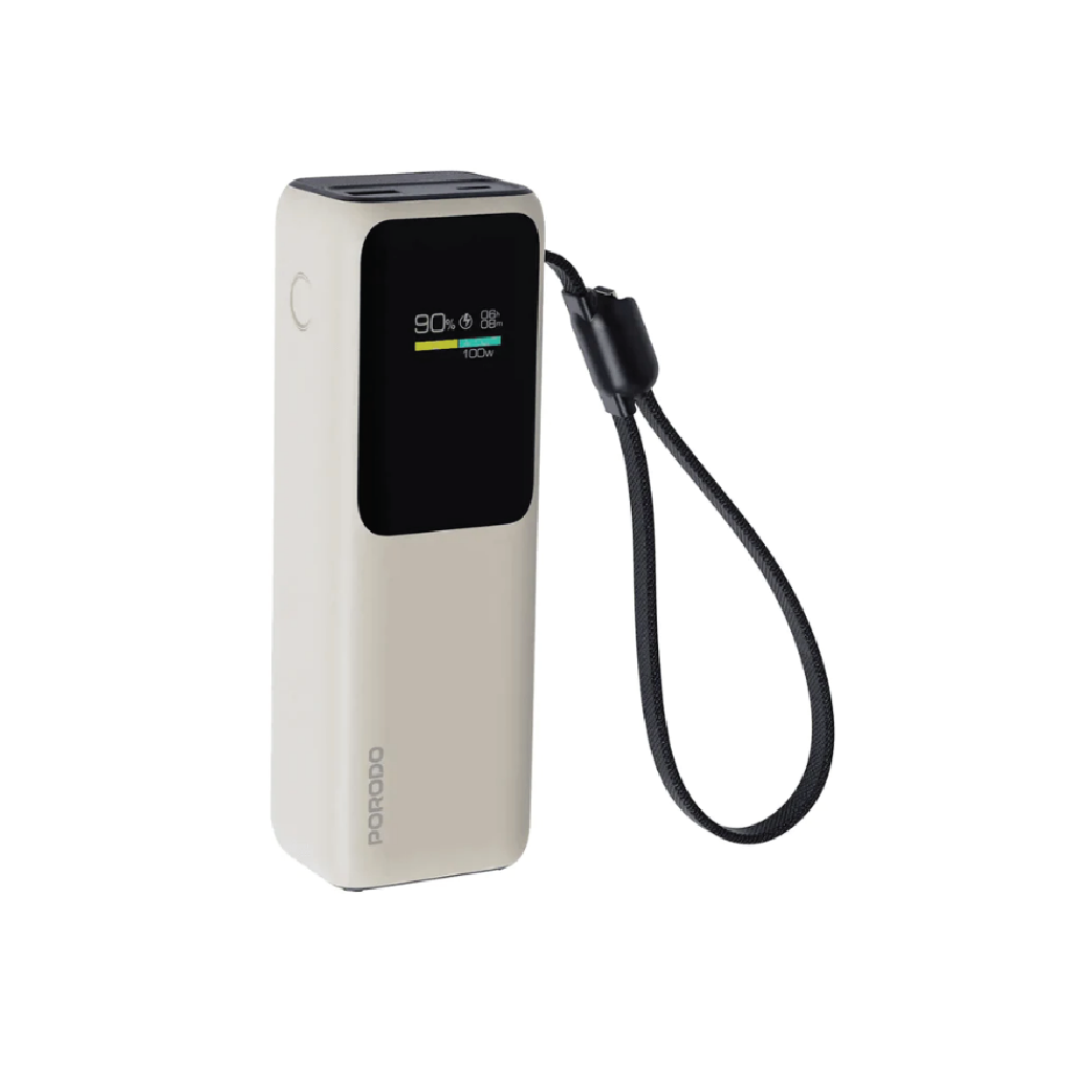 Porodo Smart Display 20000mAh Power Bank 100W-Fast  Charging Portable Battery with Built-In USB-C Cable