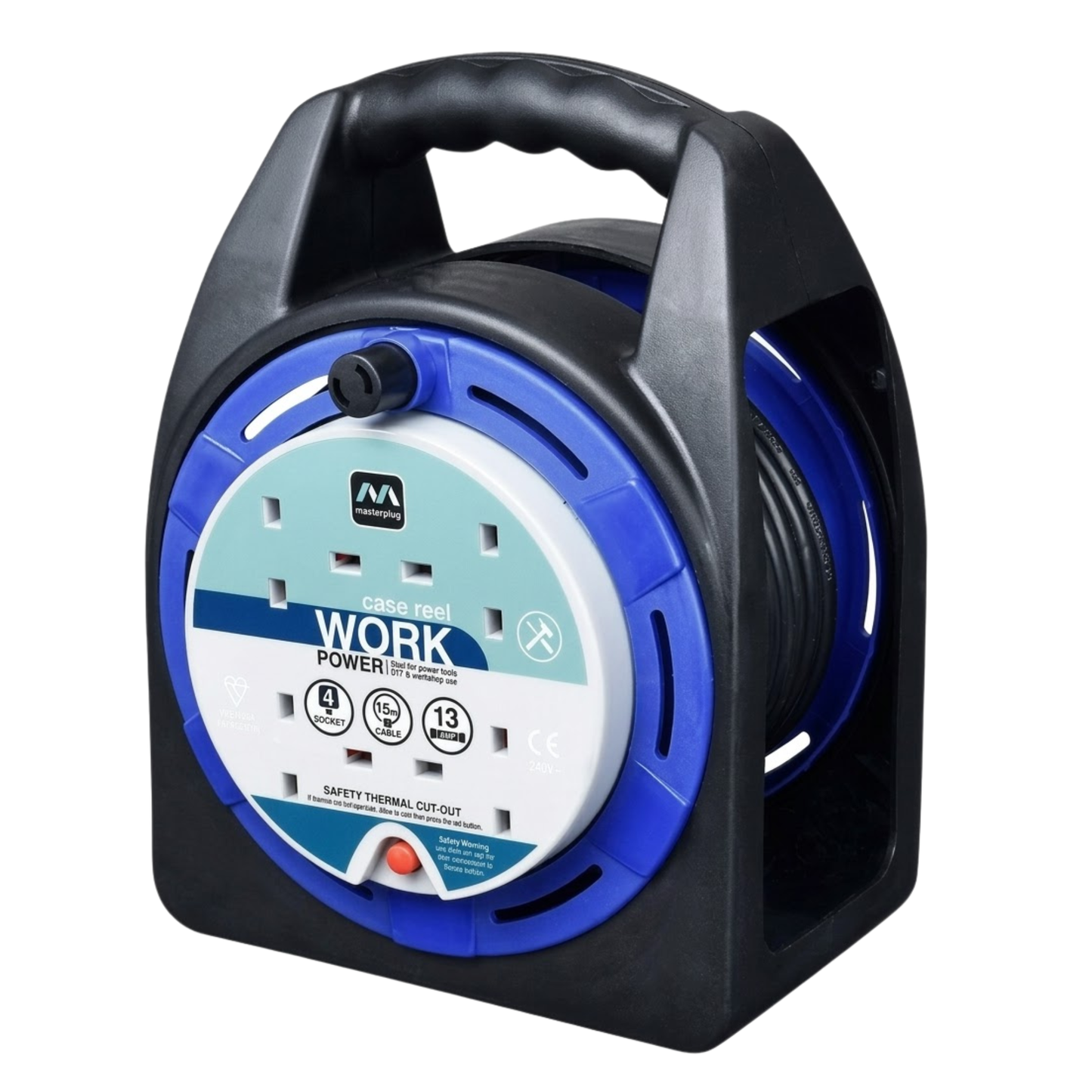 4 Socket Cable Reel | 15m Green Extension Lead | 13A with  Thermal Cut Out | Heavy Duty Outdoor Extension Lead