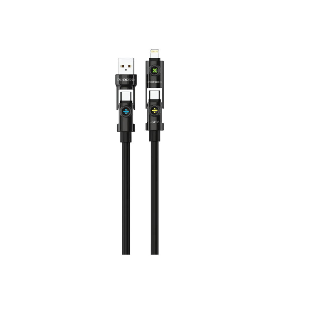Porodo PowerGlow 4-in-1 Fast Charging Cable PD 240W- Universal Multi-Connector Charging Cable (Black)