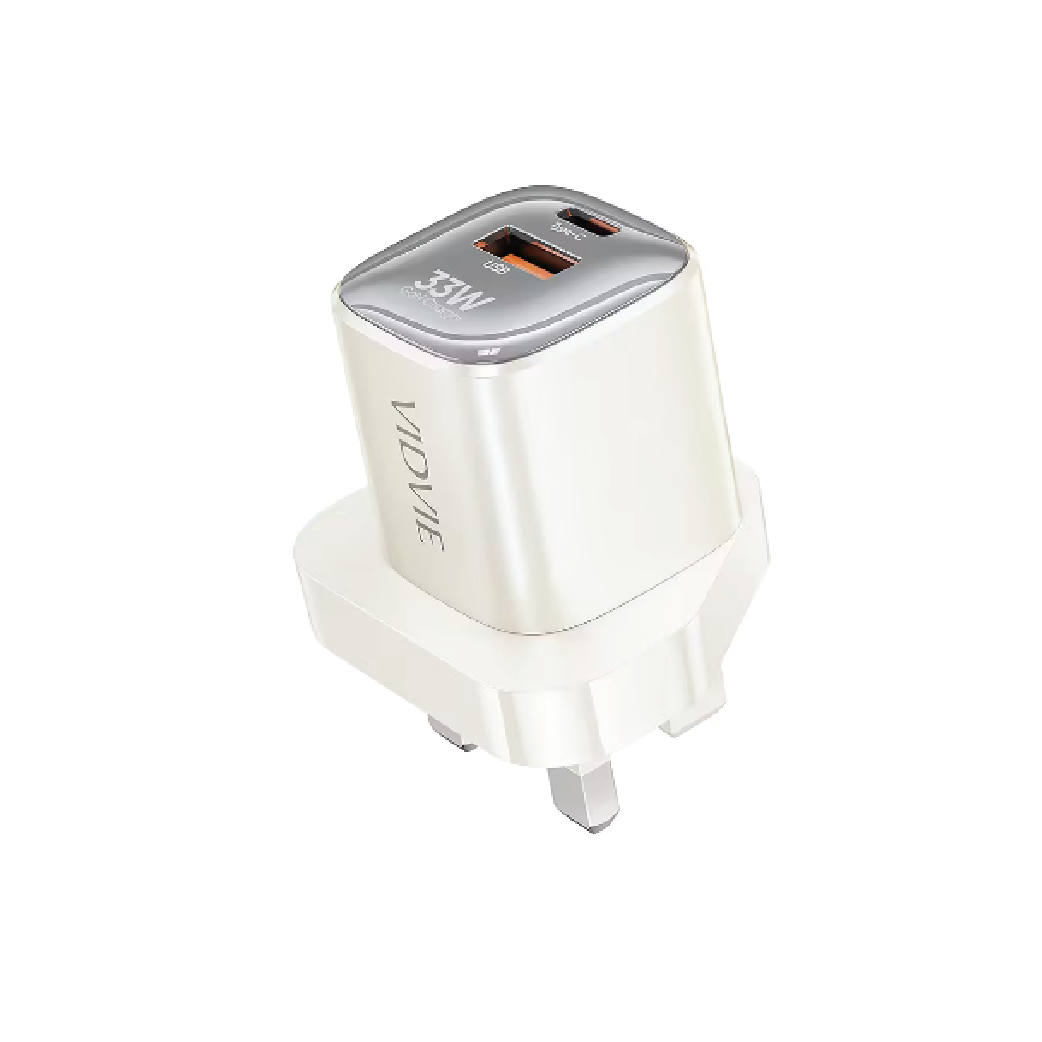 VIDVIE PLB158 GaN Fast Charger – 33W Type-C &  30W USB Dual Port UK Plug Wall Charger