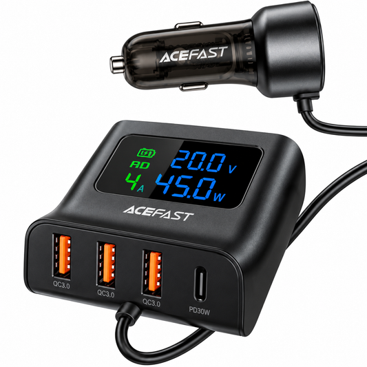 Acefast B11 138W 4-Port Car Charger, USB-C + 3x USB-A, Digital Display