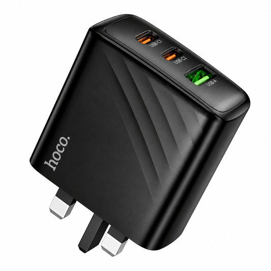 شاحن جداري هوكو CS26B بقدرة 45 واط، يدعم تقنية PD، يحتوي على 3 منافذ (2 USB-C + 1 USB-A)، قابس ثلاثي (UK)