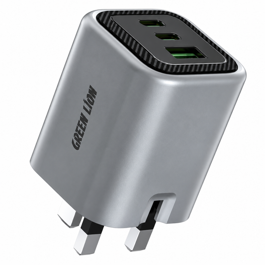 شاحن جرين ليون بريميوم 65 واط بتقنية GaN، منفذين USB-C ومنفذ USB-A، قابس ثلاثي (UK)، رمادي