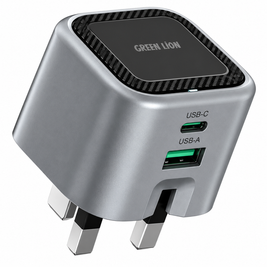 شاحن جرين ليون بريميوم 35 واط بتقنية GaN، مخرج USB-C PD + USB-A QC، قابس ثلاثي (UK)، رمادي
