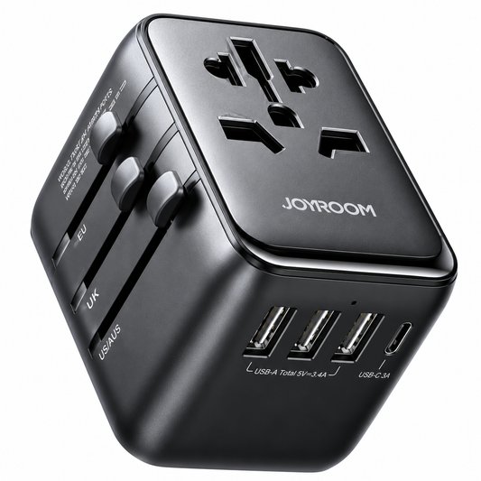 محول سفر عالمي جوي روم JR-TCW01 بقدرة 17 واط مع منفذي USB، أسود