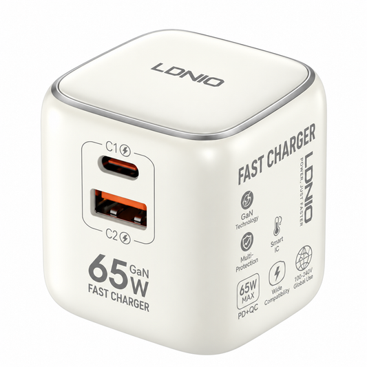 شاحن سريع متعدد المنافذ بتقنية GaN وقوة 65 واط من LDNIO، موديل Q2617، يدعم تقنيتي PD 3.0 و QC 3.0