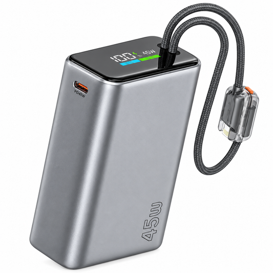 شاحن متنقل غرين ليون إيبيزا بسعة 20000 مللي أمبير وقوة 45 واط، مزود بكابل USB-C ولايتنينج مدمج