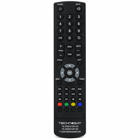 A black Technisat television remote control with a standard numeric keypad, directional pad, and colored power buttons, shown on a plain white background.