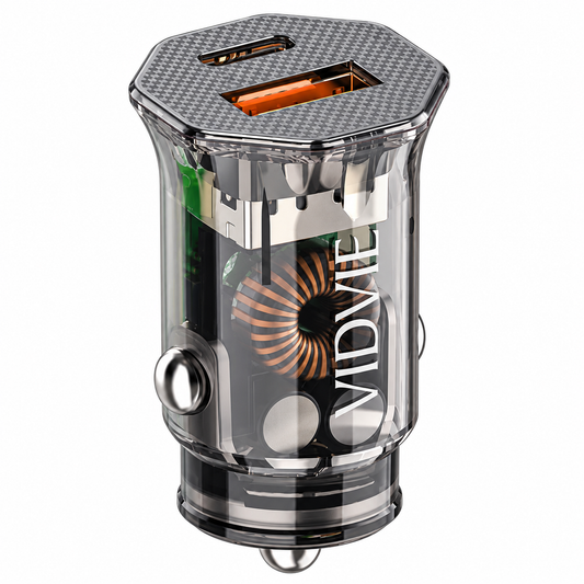 Vidvie CC549 Transparent Dual-Port Fast Car Charger, USB-C + USB-A