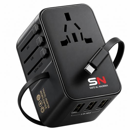 محول السفر العالمي SN-TC-01 بقدرة 70 واط، مزود بـ 4 منافذ USB بما في ذلك منفذ Type-C PD، لون أسود