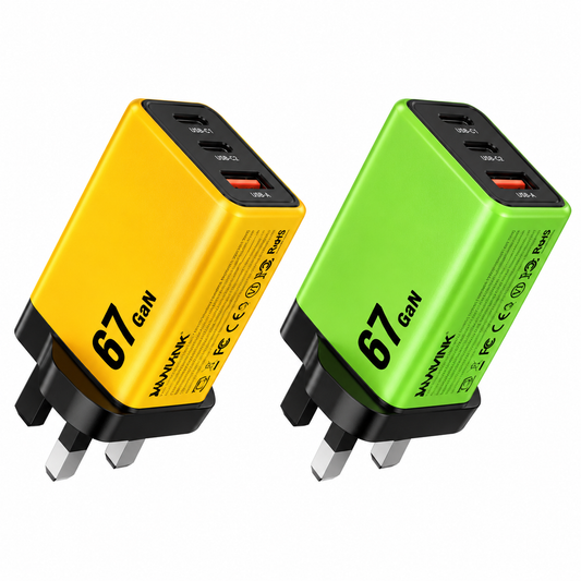 شاحن سريع WEKOME WP-U157 بقدرة 65 واط بتقنية GaN، مزود بمنفذي USB-C ومنفذ USB-A