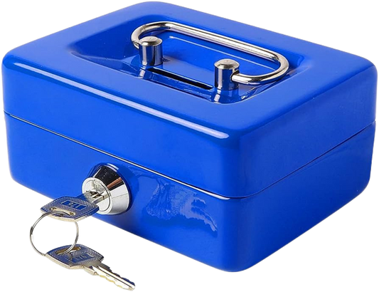 Small Cash Box with Lock and Slot, Metal Coin Piggy Bank for Adults and Kids, Blue Locking Money Box