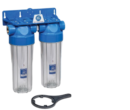 Acqua-Pure Double 10" Filter Housing Set Two Stage Water Filtration  System 1/2 3/4