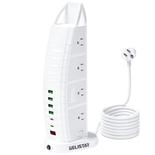 Power Strip Tower,Surge Protector Outlet 8 Widely Spaced AC Outlets,Fast Charger 4 USB Ports and 2 USB C with 6ft Extension Cord,Overload Protection with Voltage Display for Home Office