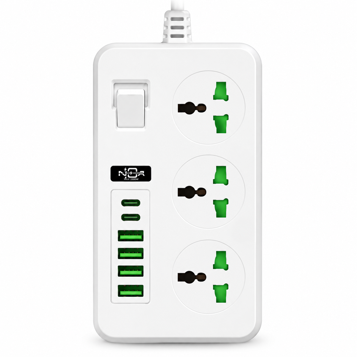 مقبس تمديد طاقة A06، قدرة 2500 واط، كابل بطول 10 أمتار، 4 منافذ USB + 2 منفذ Type-C